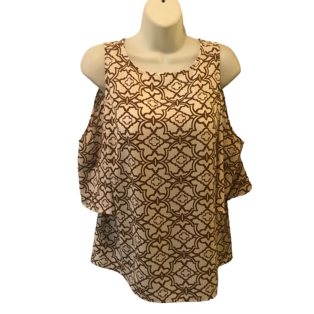 Chico’s Geometric Print Cold Shoulder SS Top 0/S Business Career NWOT